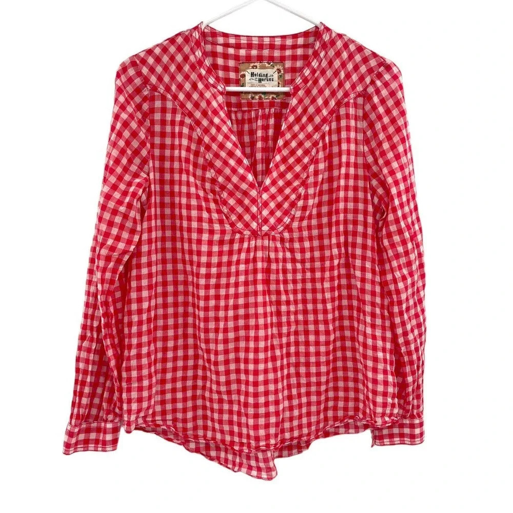 Anthropologie Holding Horses size 2 Devon Gingham Blouse Womens Popover Top